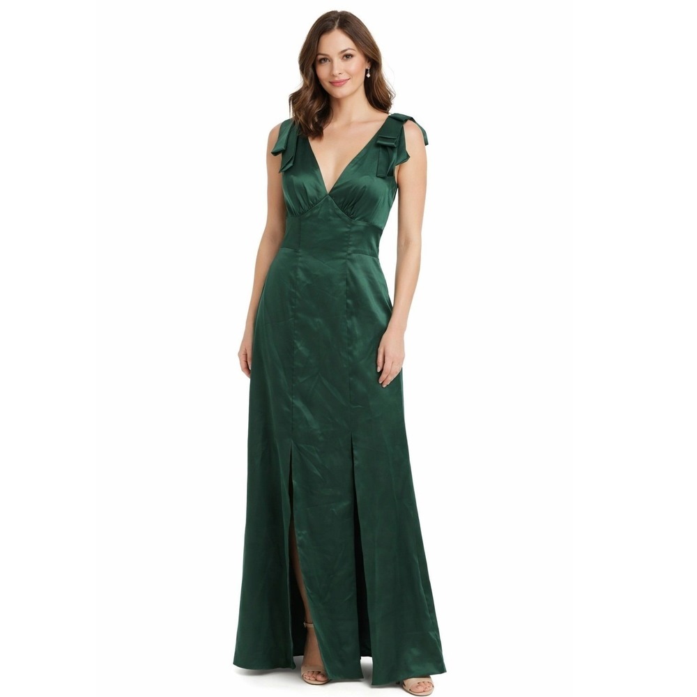 Chi Chi London Emerald Green Satin V Neck‎ Bow Shoulder Maxi Dress Size 4